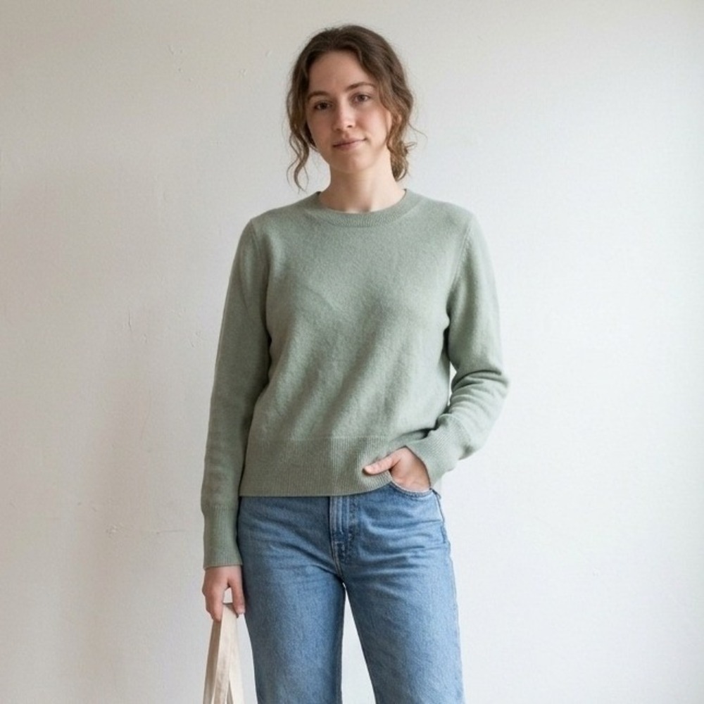 J.Crew Womens Sweater XL Green 100% Cashmere Crewneck Ribbed Hem Soft Minimalist
